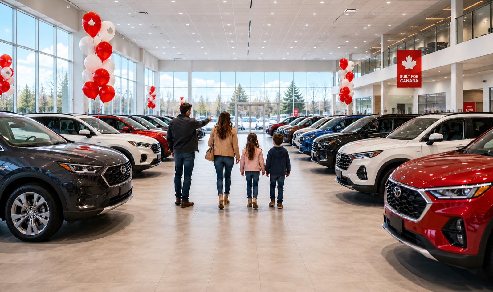 A family choosing a vehicle on a dealership showroom floor